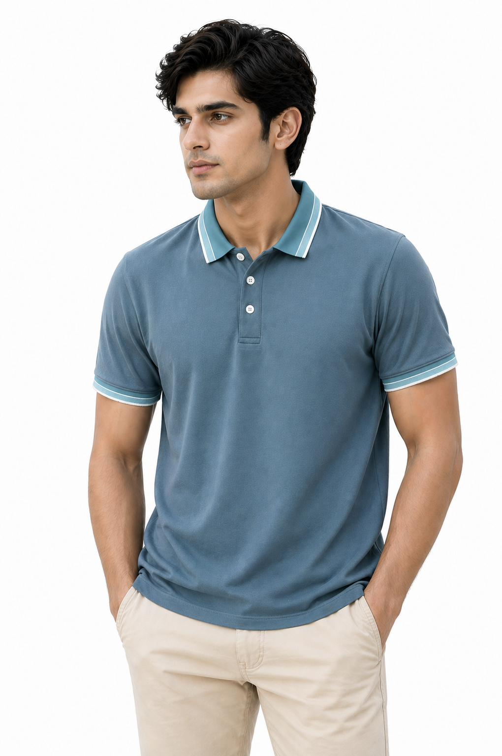 Luxury PK-01 "Men’s Teal Blue Polo Shirt – Premium Cotton Contrast Collar Regular Fit Casual Wear