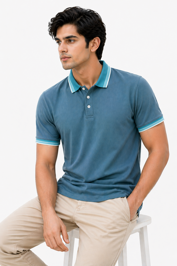 Luxury PK-01 "Men’s Teal Blue Polo Shirt – Premium Cotton Contrast Collar Regular Fit Casual Wear