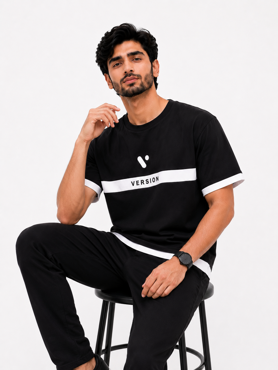 Premium V-117 Black White Strip Short Length 100% Cotton Down Shoulder T-Shirt