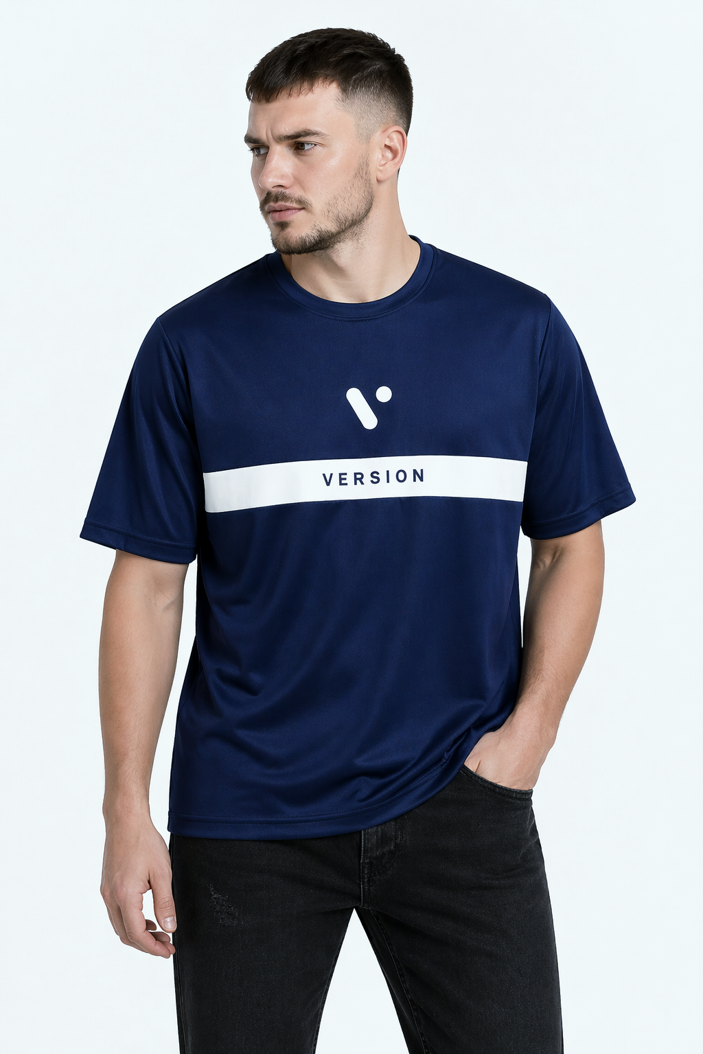 Premium D-01 Navy Blue White Strip T-Shirt Dri Fit