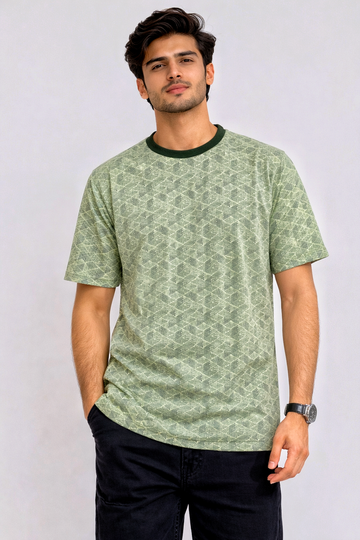 V-111 Printed Olive Green 100% Cotton Casual T-Shirt