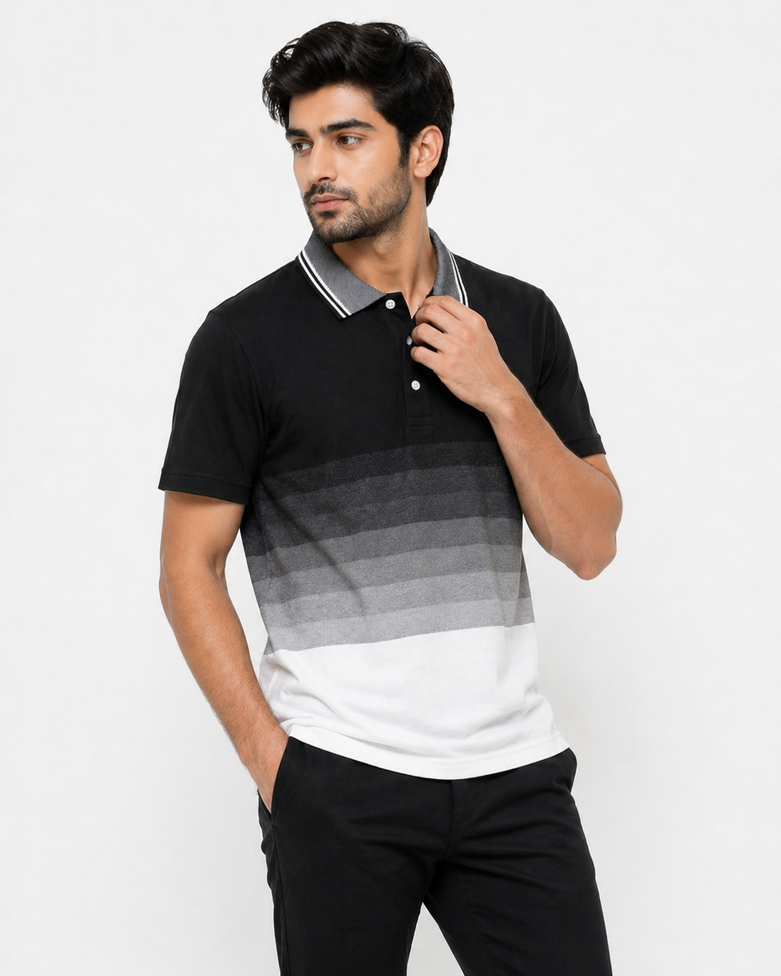 Luxury PK-02 "Men’s Stripes Polo Shirt – Premium Cotton Contrast Collar Regular Fit Casual Wear