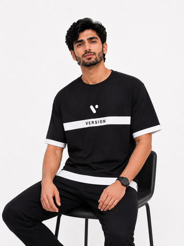 Premium V-117 Black White Strip Short Length 100% Cotton Down Shoulder T-Shirt