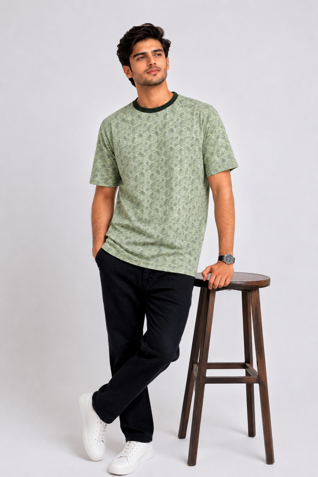 V-111 Printed Olive Green 100% Cotton Casual T-Shirt